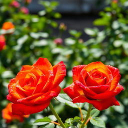 A beautiful and vibrant image showcasing two stunning roses, one deep red and the other a bright orange