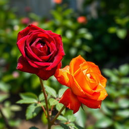 A beautiful and vibrant image showcasing two stunning roses, one deep red and the other a bright orange