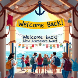 A vibrant and inviting maritime-themed academic year welcoming scene featuring a beautifully decorated university entrance