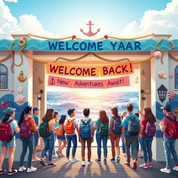 A vibrant and inviting maritime-themed academic year welcoming scene featuring a beautifully decorated university entrance