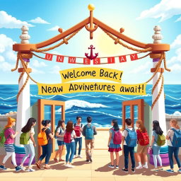 A vibrant and inviting maritime-themed academic year welcoming scene featuring a beautifully decorated university entrance