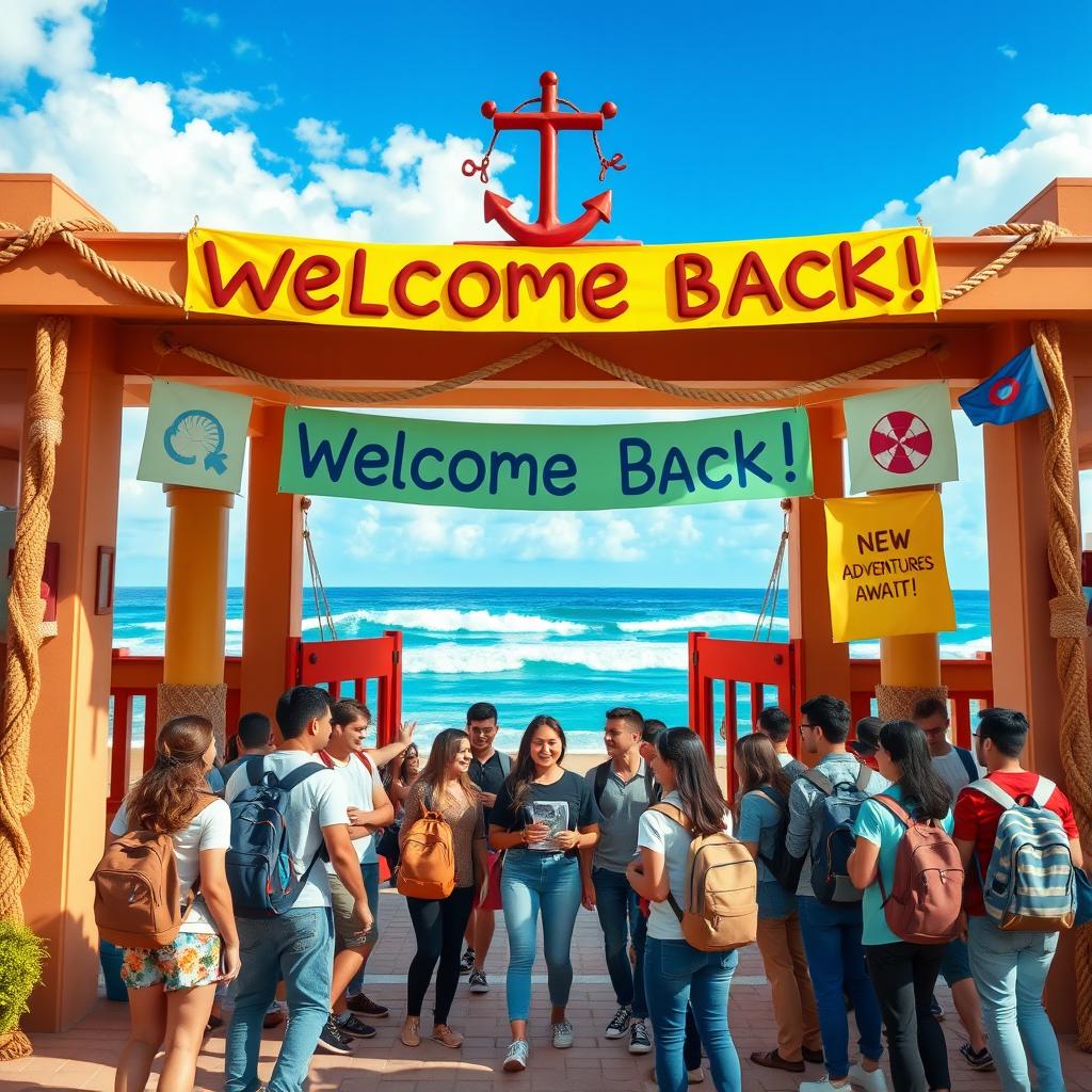 A vibrant and inviting maritime-themed academic year welcoming scene featuring a beautifully decorated university entrance