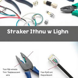 A detailed instructional image showing how to make a straight-through UTP (Unshielded Twisted Pair) cable, featuring an array of tools like wire cutters, RJ45 connectors, and a crimping tool