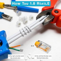 A detailed instructional image showing how to make a straight-through UTP (Unshielded Twisted Pair) cable, featuring an array of tools like wire cutters, RJ45 connectors, and a crimping tool