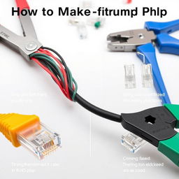 A detailed instructional image showing how to make a straight-through UTP (Unshielded Twisted Pair) cable, featuring an array of tools like wire cutters, RJ45 connectors, and a crimping tool