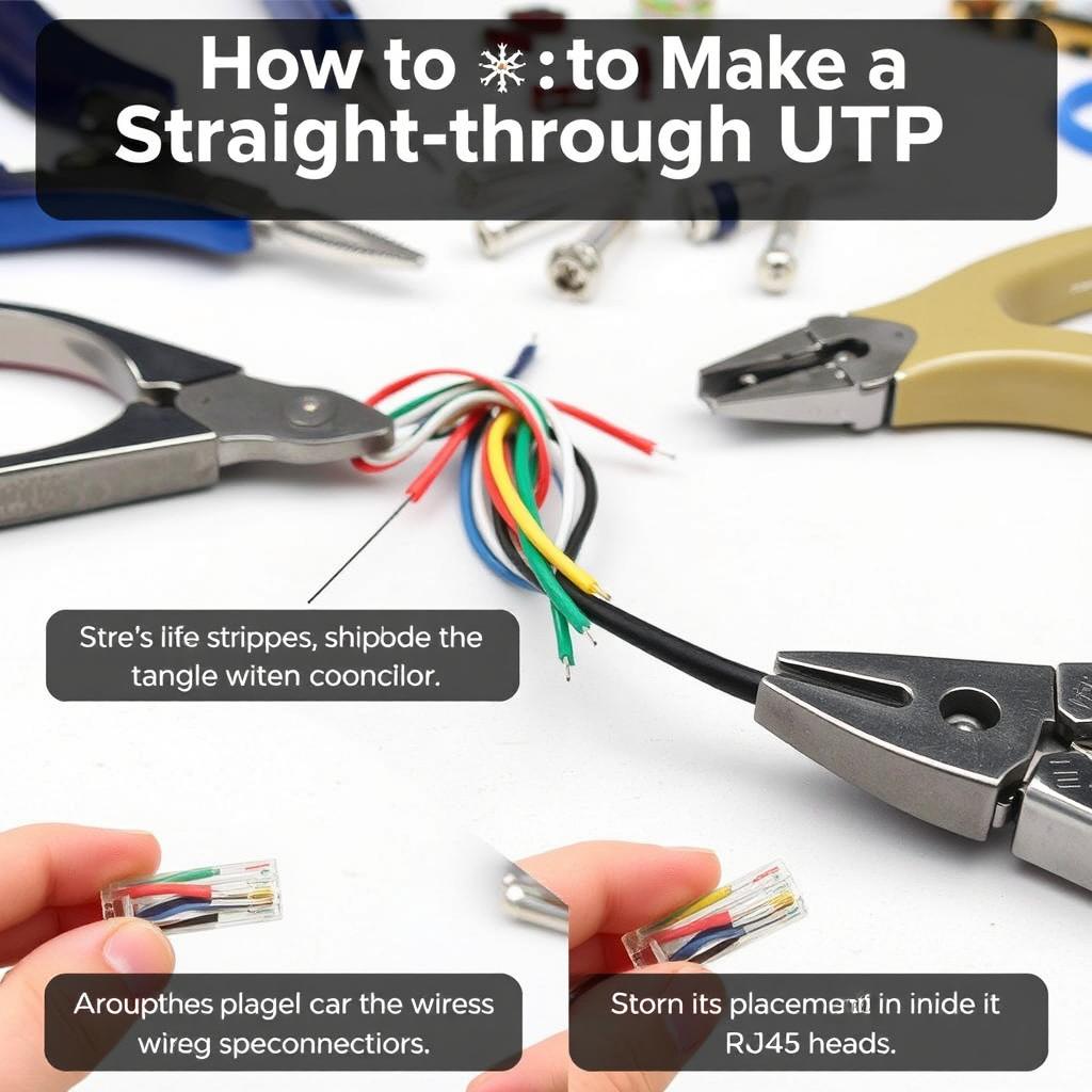 A detailed instructional image showing how to make a straight-through UTP (Unshielded Twisted Pair) cable, featuring an array of tools like wire cutters, RJ45 connectors, and a crimping tool