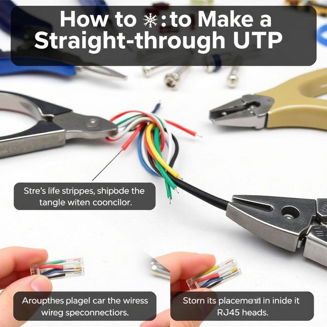 A detailed instructional image showing how to make a straight-through UTP (Unshielded Twisted Pair) cable, featuring an array of tools like wire cutters, RJ45 connectors, and a crimping tool