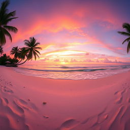 A wide panoramic view of a vibrant sunset over a tranquil beach, with gentle waves lapping against the shore