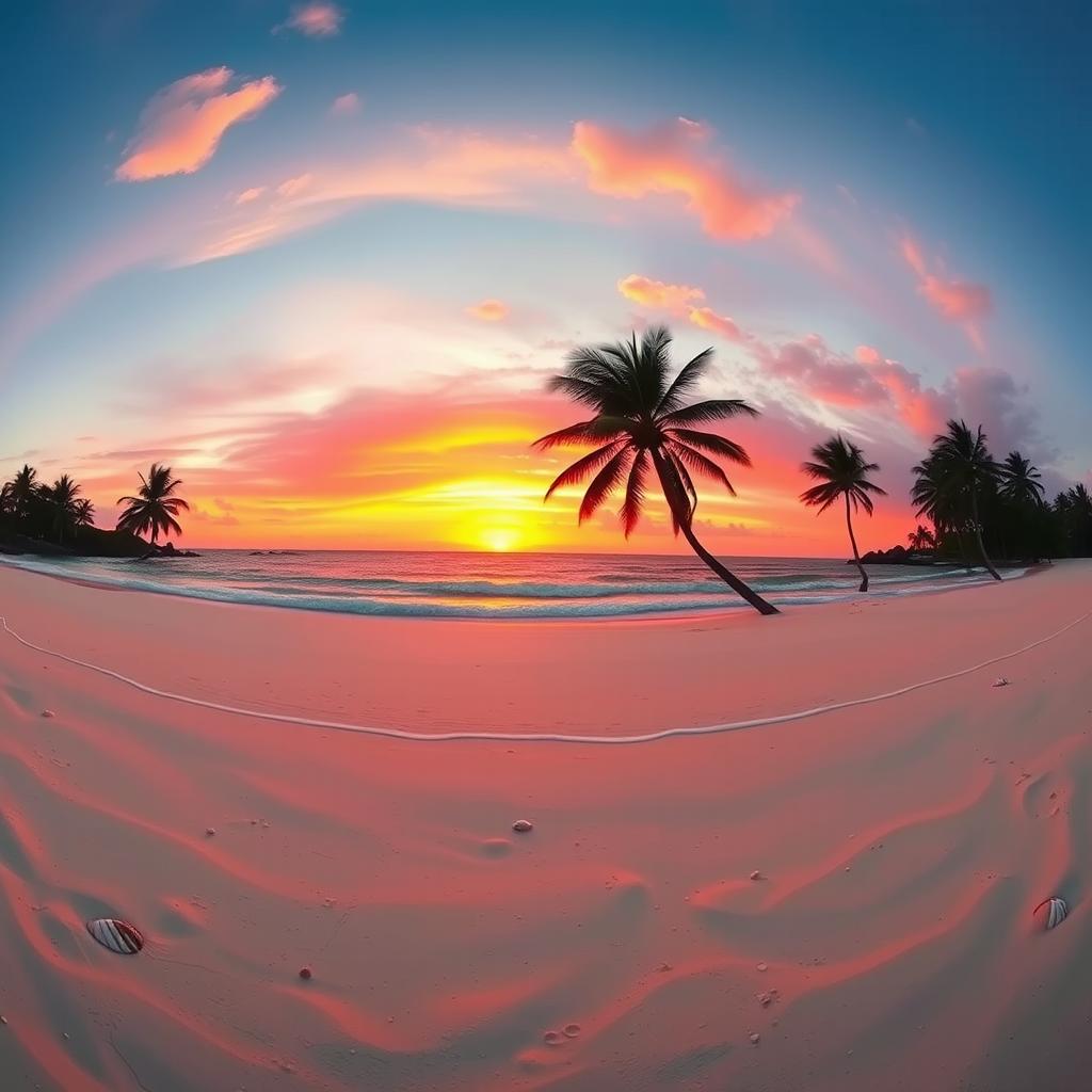 A wide panoramic view of a vibrant sunset over a tranquil beach, with gentle waves lapping against the shore