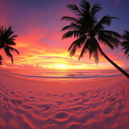 A wide panoramic view of a vibrant sunset over a tranquil beach, with gentle waves lapping against the shore