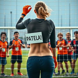 A close-up image of a female goalkeeper showing her sexy naked buttocks, with a sign reading 'PATEAME' attached to her back