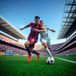 Iconic football moment featuring Lionel Messi and Cristiano Ronaldo playing on the same team, dressed in stunning football kits, passionately collaborating on the field