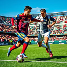 Iconic football moment featuring Lionel Messi and Cristiano Ronaldo playing on the same team, dressed in stunning football kits, passionately collaborating on the field