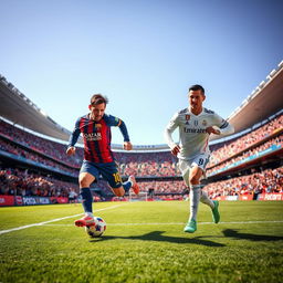 Iconic football moment featuring Lionel Messi and Cristiano Ronaldo playing on the same team, dressed in stunning football kits, passionately collaborating on the field