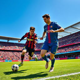 Iconic football moment featuring Lionel Messi and Cristiano Ronaldo playing on the same team, dressed in stunning football kits, passionately collaborating on the field