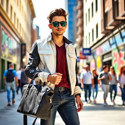 A stylish young man casually holding a fashionable bag in his hand