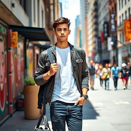 A stylish young man casually holding a fashionable bag in his hand