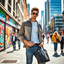 A stylish young man casually holding a fashionable bag in his hand
