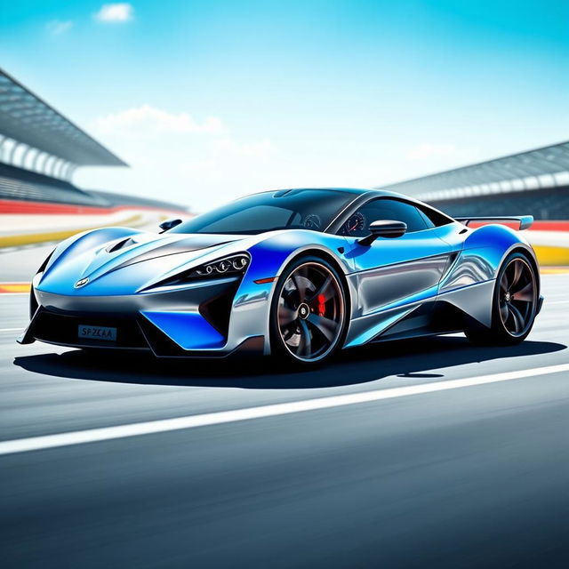 A sleek and modern sports car design, with a streamlined and aerodynamic shape, featuring vibrant colors like electric blue and metallic silver