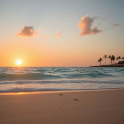 A serene beach scene with a clear blue ocean in the background