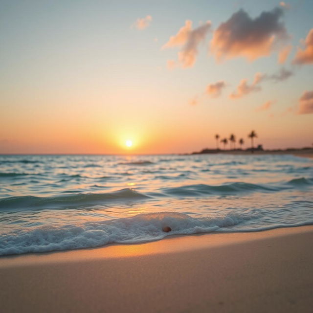 A serene beach scene with a clear blue ocean in the background