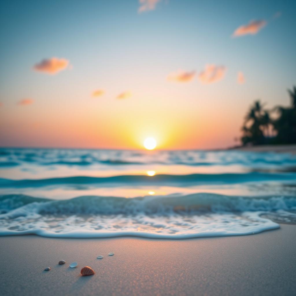 A serene beach scene with a clear blue ocean in the background