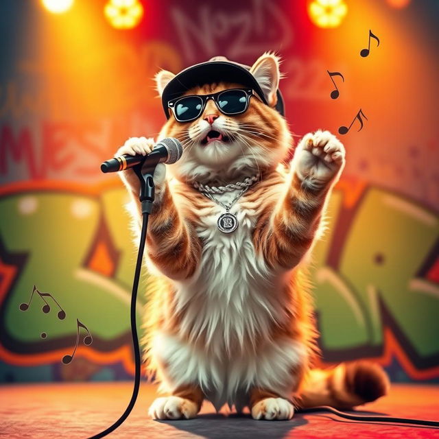 A charismatic cat dressed in hip hop attire, wearing a stylish cap and sunglasses, performing a rap on stage