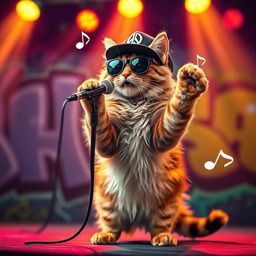 A charismatic cat dressed in hip hop attire, wearing a stylish cap and sunglasses, performing a rap on stage