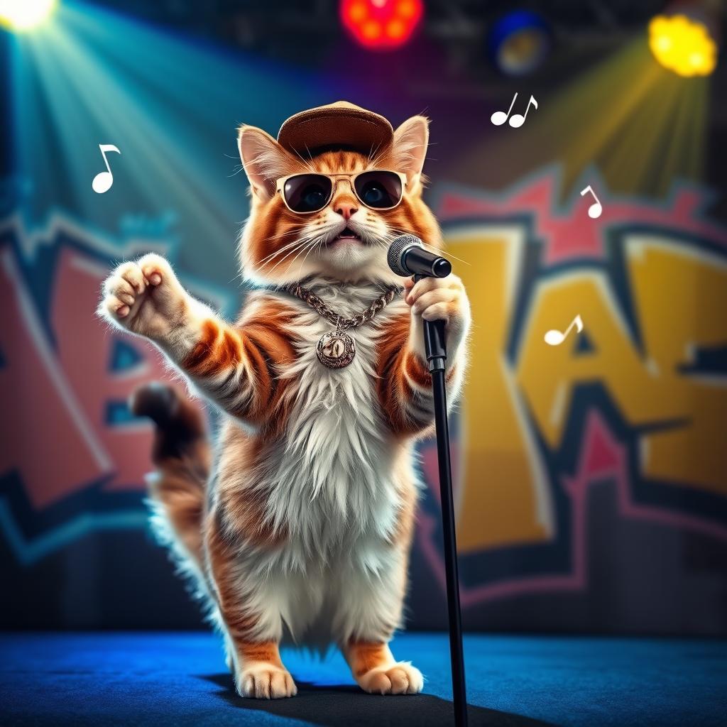 A charismatic cat dressed in hip hop attire, wearing a stylish cap and sunglasses, performing a rap on stage