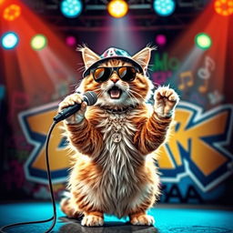 A charismatic cat dressed in hip hop attire, wearing a stylish cap and sunglasses, performing a rap on stage