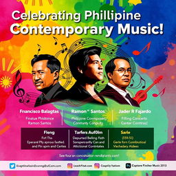 A vibrant and visually captivating digital poster celebrating Philippine Contemporary Music, highlighting the contributions of famous Filipino composers