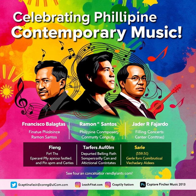 A vibrant and visually captivating digital poster celebrating Philippine Contemporary Music, highlighting the contributions of famous Filipino composers