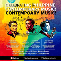 A vibrant and visually captivating digital poster celebrating Philippine Contemporary Music, highlighting the contributions of famous Filipino composers