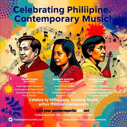 A vibrant and visually captivating digital poster celebrating Philippine Contemporary Music, highlighting the contributions of famous Filipino composers