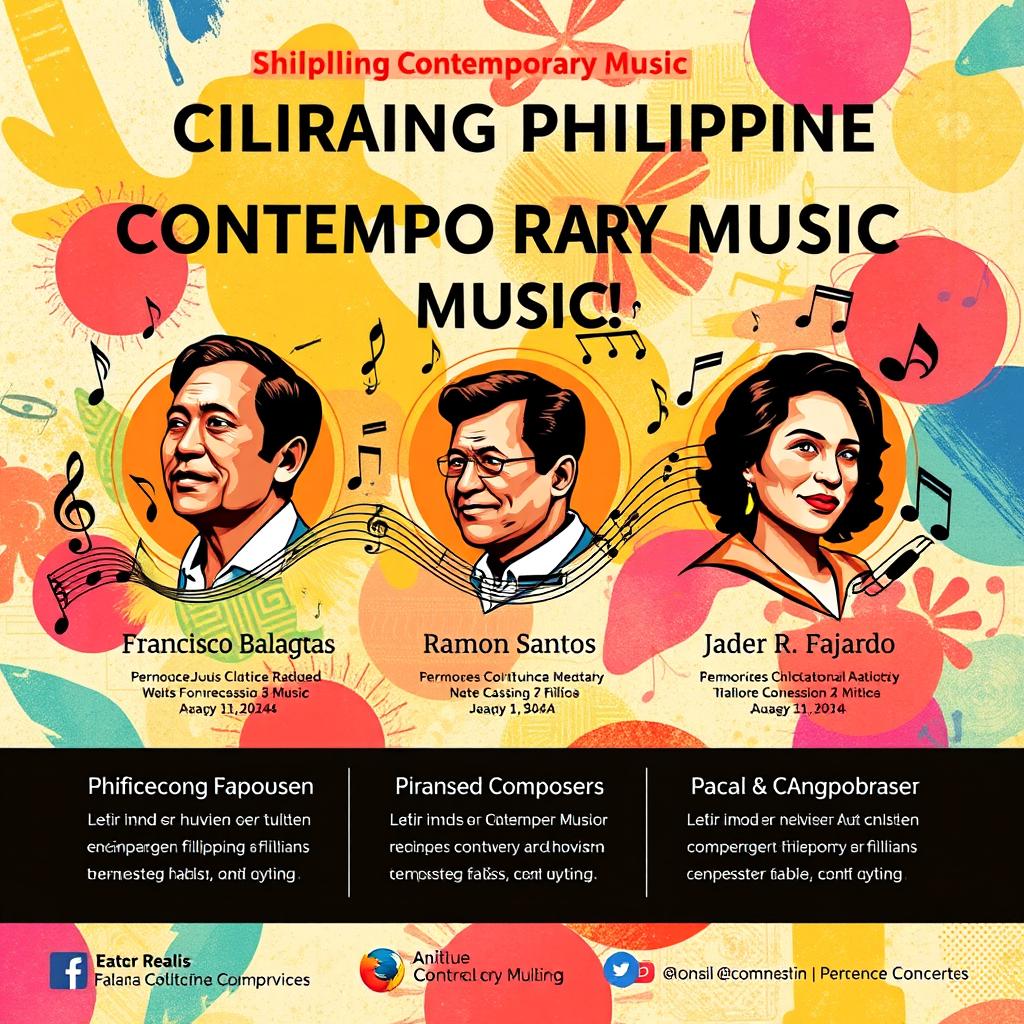A vibrant and visually captivating digital poster celebrating Philippine Contemporary Music, highlighting the contributions of famous Filipino composers