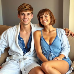 A cozy scene of a young man and woman sitting together on a couch