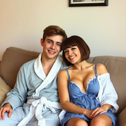 A young couple sitting cozily on a couch