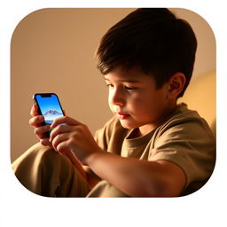 A boy sitting and using a mobile phone, focused intently on the screen