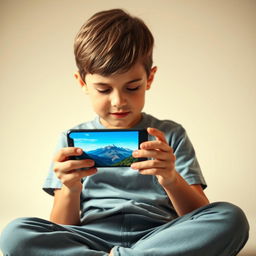 A boy sitting and using a mobile phone, focused intently on the screen