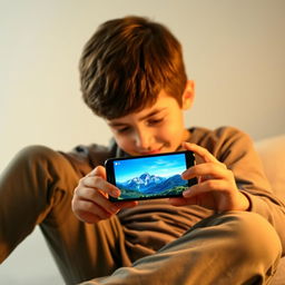 A boy sitting and using a mobile phone, focused intently on the screen