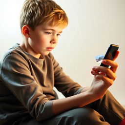 A boy sitting and using a mobile phone, focused intently on the screen