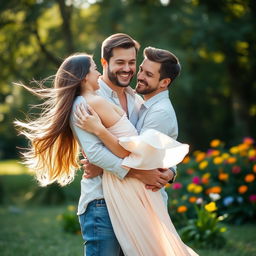 A romantic scene of a man embracing a beautiful woman in a serene outdoor setting