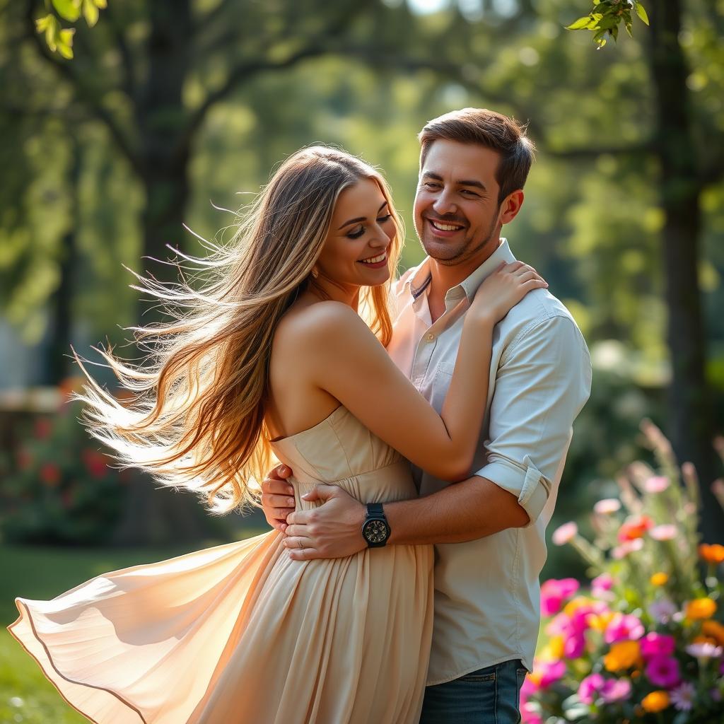 A romantic scene of a man embracing a beautiful woman in a serene outdoor setting