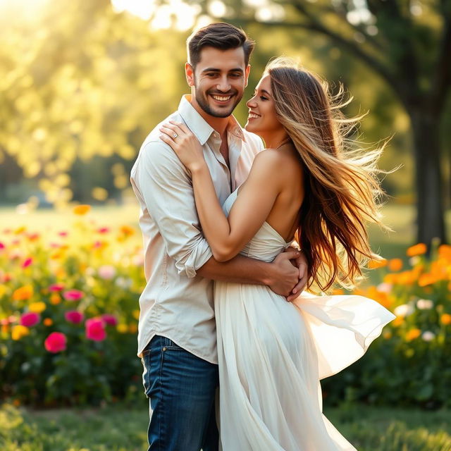 A romantic scene of a man embracing a beautiful woman in a serene outdoor setting