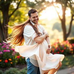 A romantic scene of a man embracing a beautiful woman in a serene outdoor setting