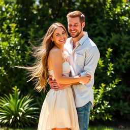 A beautiful woman standing beside a man, both smiling and enjoying the moment