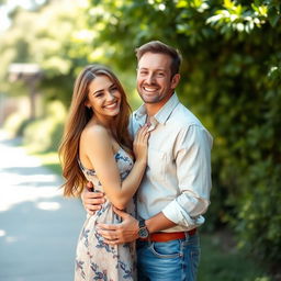 A beautiful woman standing beside a man, both smiling and enjoying the moment