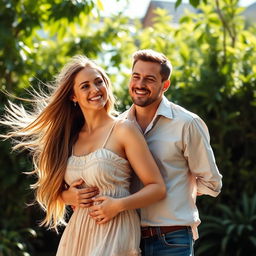 A beautiful woman standing beside a man, both smiling and enjoying the moment
