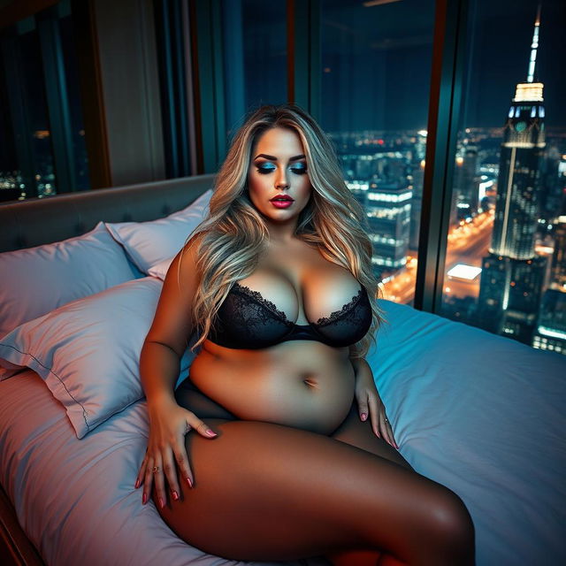 A sexy, innocent-looking curvy hourglass-shaped woman with long, messy dirty blond hair sleeps in a luxurious bed