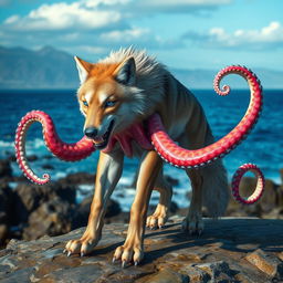 A captivating hybrid creature that is a blend of a wolf and an octopus